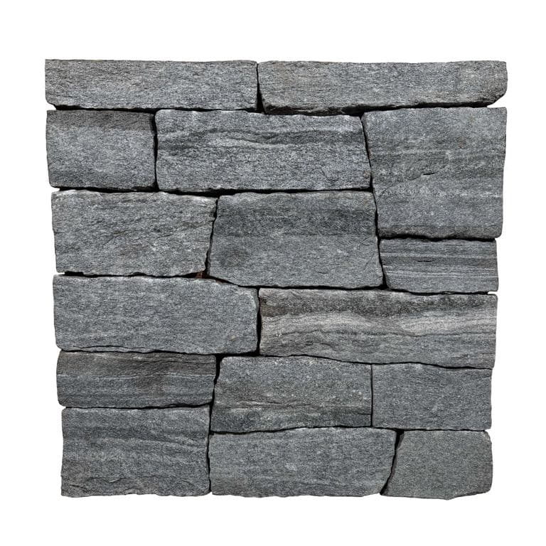 Feature image for Chester Granite - Thin Veneer. The surface finish shown is split-face. The dominant color shown is gray; with brown, orange/rust, purple and tan secondaries. The color mix creates a cool feeling. Regular, veined, speckled and blotched color patterns. Contains some mica and mineral inclusions.