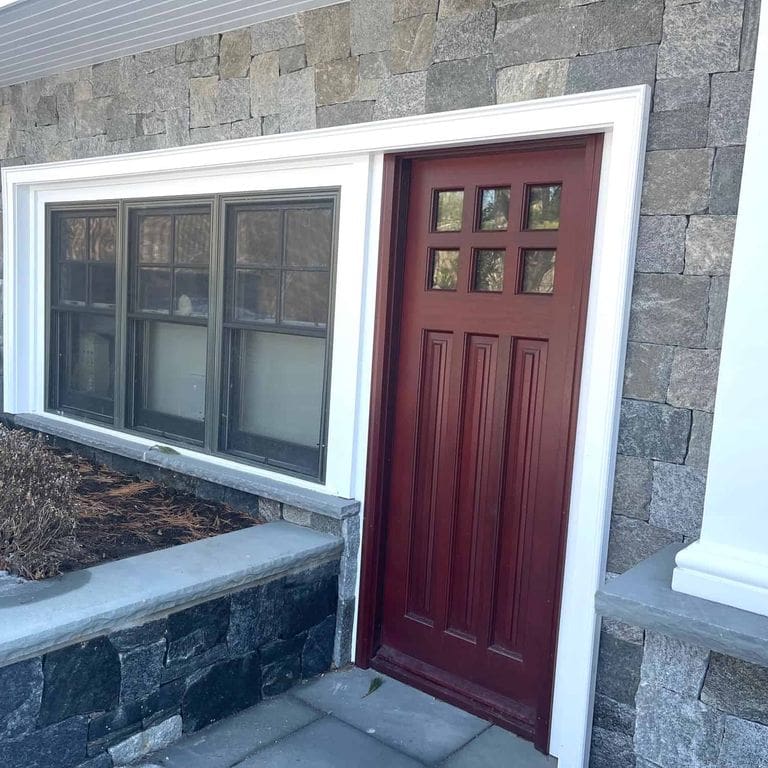 Application image for Oyster Bay Granite Thin Veneer - Square and Rectangle. The image shows this product being used in a thin veneer application. The surface finish shown is . The dominant color shown is gray. The color mix creates a cool feeling.