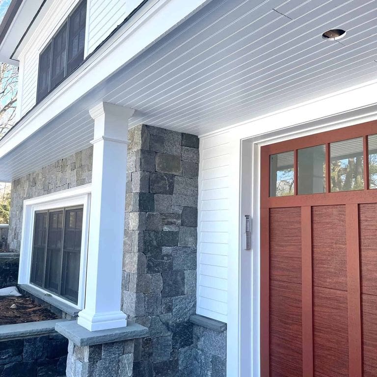 Application image for Oyster Bay Granite Thin Veneer - Square and Rectangle. The image shows this product being used in a thin veneer application. The surface finish shown is . The dominant color shown is gray. The color mix creates a cool feeling.