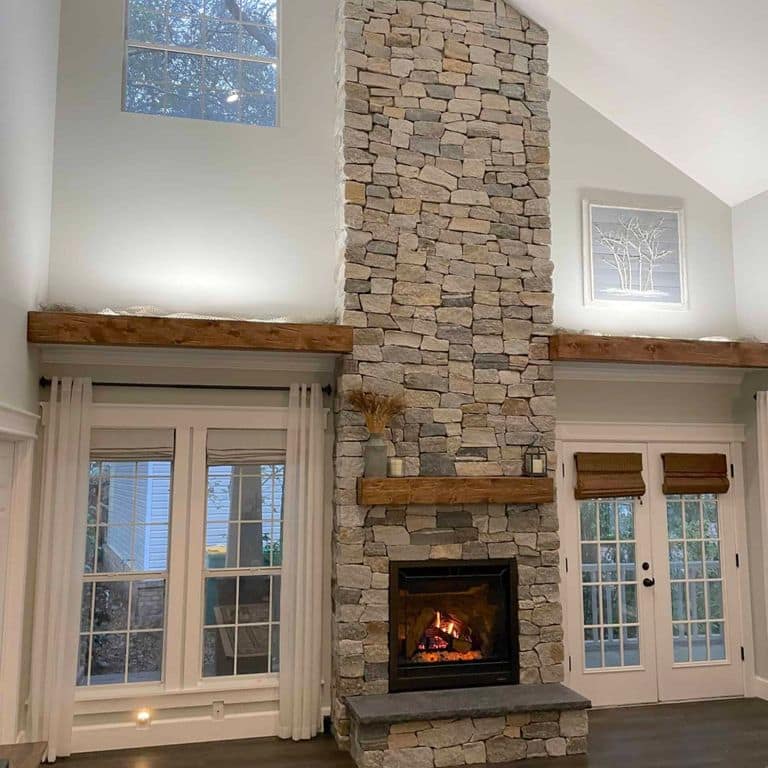 Application image for Boston Blend Granite Thin Veneer - Ashlar. The image shows this product being used in a thin veneer application. The surface finish shown is split-face. Dominant colors shown are gray and tan.