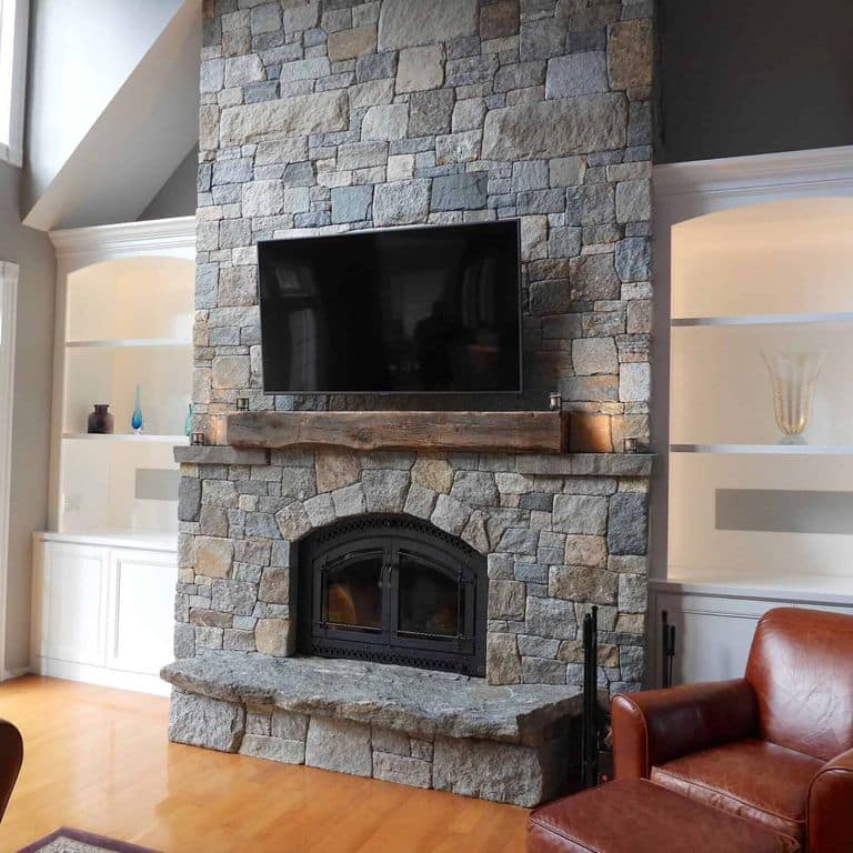 Application image for Boston Blend Granite Veneer - Square and Rectangles. The image shows this product being used in a thin veneer application. The surface finish shown is . Dominant colors shown are gray and tan. The color mix creates a warm feeling.