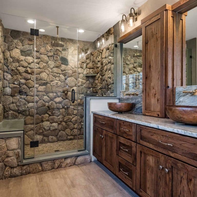 Application image for Boston Blend Granite Veneer - Rounds. The image shows this product being used in a thin veneer application. The surface finish shown is . Dominant colors shown are brown and tan. The color mix creates a warm feeling.