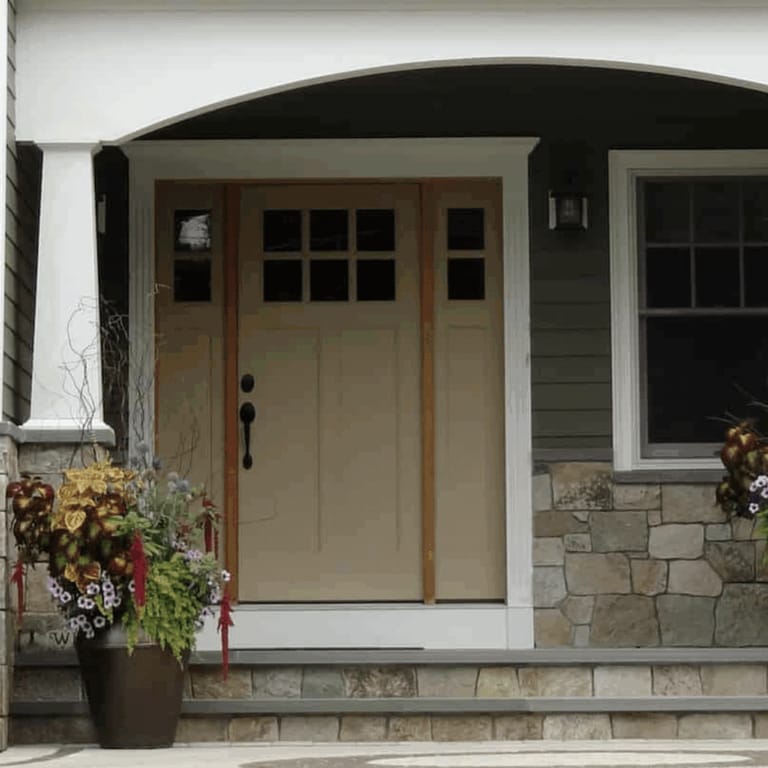Application image for New England Tan Granite Veneer - Square and Rectangle. The image shows this product being used in a thin veneer application. The surface finish shown is . Dominant colors shown are gray and tan. The color mix creates a warm feeling.