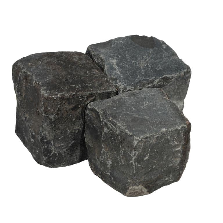 Oblique image for Reclaimed Basalt Cobblestone - Cubes. The surface finish shown is . The dominant color shown is black.