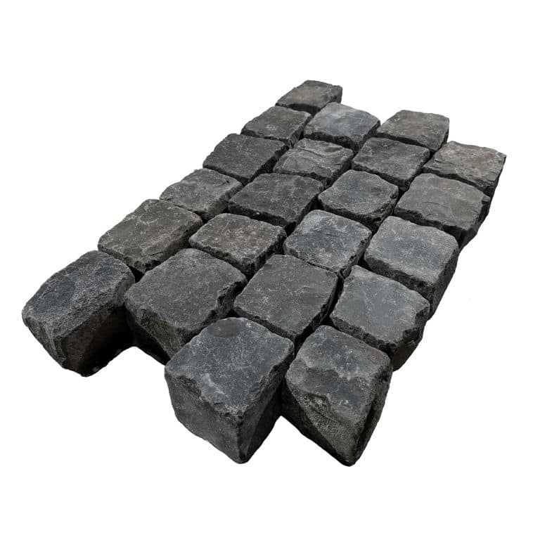 Feature image for Reclaimed Basalt Cobblestone - Cubes. The surface finish shown is . The dominant color shown is black. The color mix creates a cool feeling.