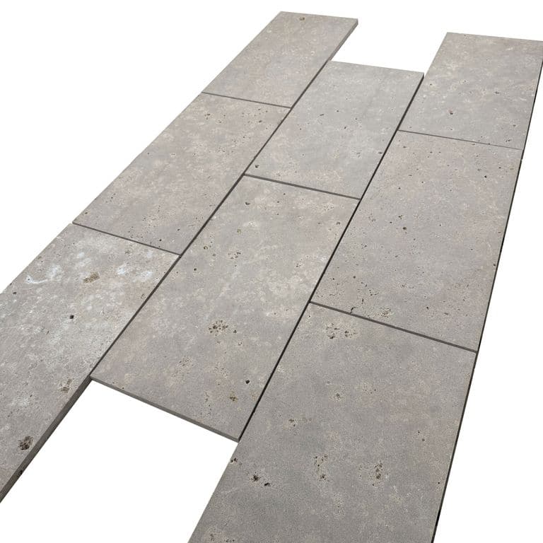 Color/Finish variation image for COPY - Bavarian Dolomite Gray Limestone - Pavers. The surface finish shown is sand blasted. Dominant colors shown are gray and tan. The color mix creates a warm feeling.