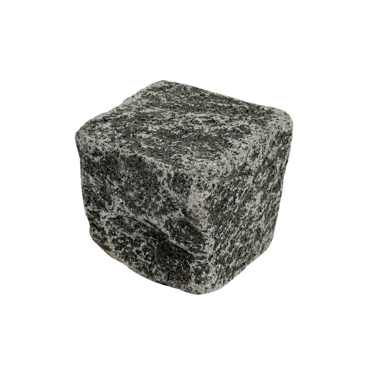 Oblique image for Fokan Black Basalt - Splitface &amp; Tumbled Cobblestone. The surface finish shown is . Dominant colors shown are black and gray.