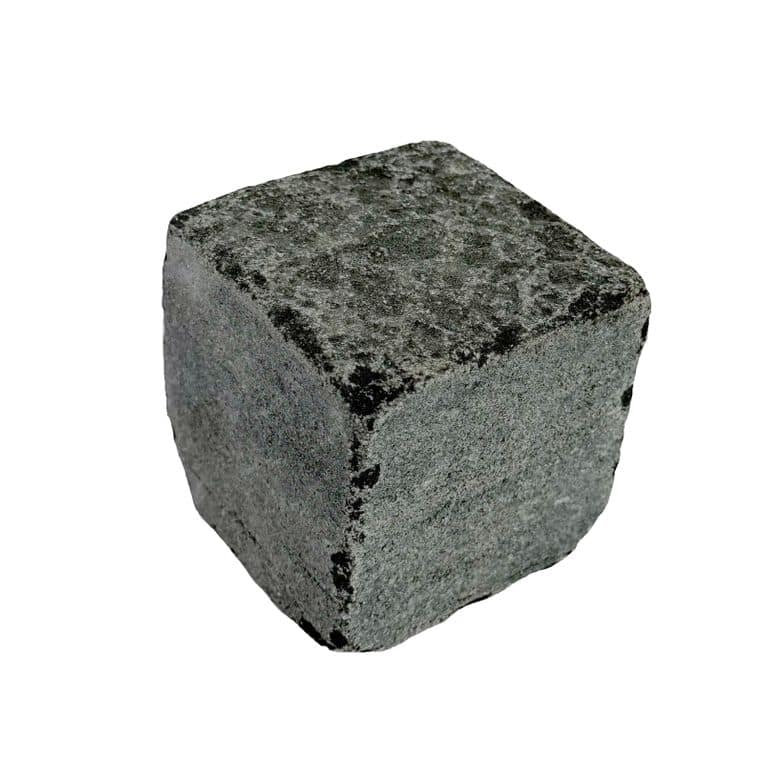 Oblique image for Fokan Black Basalt - Flamed &amp; Tumbled Cobblestone. The surface finish shown is . Dominant colors shown are black and gray.