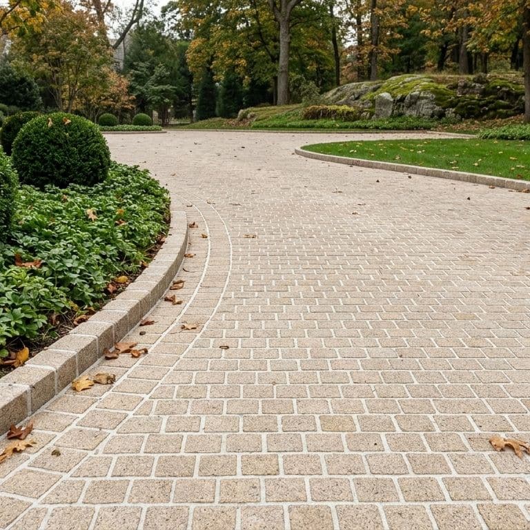 A winding driveway, created with Stone Curators product P1242 - Yellow Wheat Granite - Cobblestones - Sand Blasted, is featured in this photograph. Stone curbing defines the curve of the drive. Manicured landscaping, including round bushes, green foliage, and fallen autumn leaves, borders the driveway. A large stone house and wood-line are in the background.