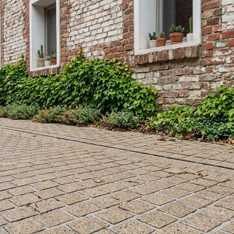 An eye-level medium full shot captures a stone-paved driveway, created with Stone Curators product P1242 - Yellow Wheat Granite - Cobblestones - Sand Blasted, running parallel to an old red and white brick wall of a building. Lush green ivy scales parts of the wall. Several rectangular windows with stone and concrete borders display potted cacti. A doorway is on the far left. Light scattering of autumn leaves on the path. Diffused daylight.