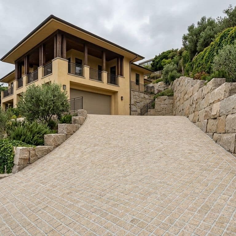**Alt text:**

A two-story stucco house sits at the end of a sweeping, uphill driveway made of Stone Curators' P1242 - Yellow Wheat Granite - Cobblestones - Sand Blasted. Large, light-colored granite retaining walls line both sides of the driveway and hold back tiered landscaping with shrubs and ground cover. The house has a two-car garage at ground level and a large deck on the second story with dark metal railings. A few tall evergreen trees frame the left side, and a thick growth of ivy covers the wall behind the retaining wall on the right. The sky is grey with clouds, and power lines run along the left of the image. The style of the house is modern-traditional.