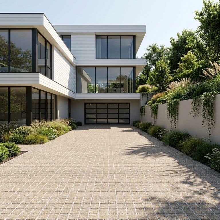An exterior view of a modern two-story home with white horizontal siding and expansive glass windows. The focus is on the large driveway in the foreground, meticulously paved with a grid pattern of "Stone Curators product P1242 - Yellow Wheat Granite - Cobblestones - Sand Blasted." In the background, a two-car garage features glass-paneled doors with black frames. Flanking the driveway and home are lush gardens with various grasses, shrubs, and trees. A stucco retaining wall along the right is adorned with climbing ivy and other plants. The scene is bright under a blue, clear sky, creating a clean and contemporary look.
