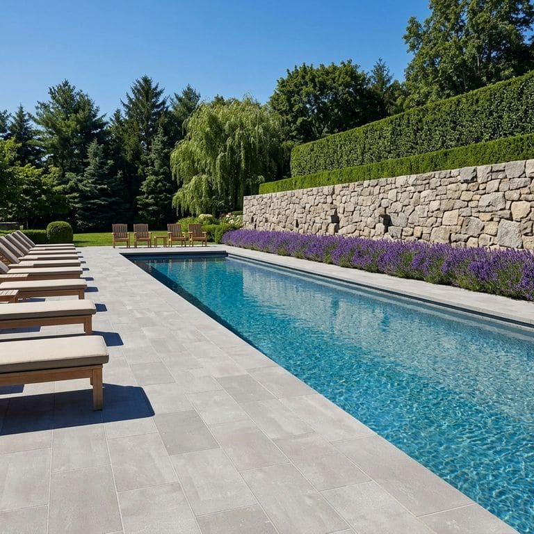 Application image for Northern Bay Limestone - Pavers. The image shows this product being used for pool coping, patio pavers and pool deck pavers. The surface finish shown is acid washed. The dominant color shown is gray.