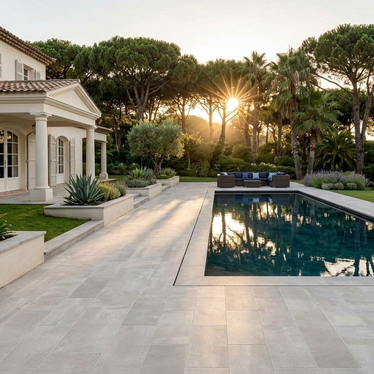 Application image for Northern Bay Limestone - Pavers. The image shows this product being used for pool coping, patio pavers and pool deck pavers. The surface finish shown is acid washed. The dominant color shown is gray. The color mix creates a warm feeling.