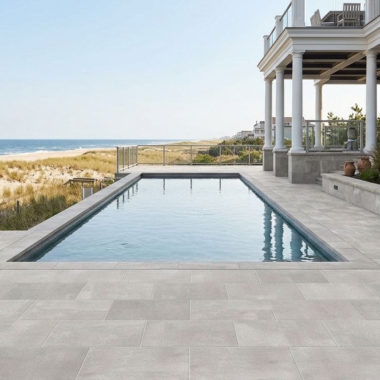 Application image for Northern Bay Limestone - Pavers. The image shows this product being used for pool coping, patio pavers and pool deck pavers. The surface finish shown is acid washed. Dominant colors shown are gray and greige. The color mix creates a warm feeling.