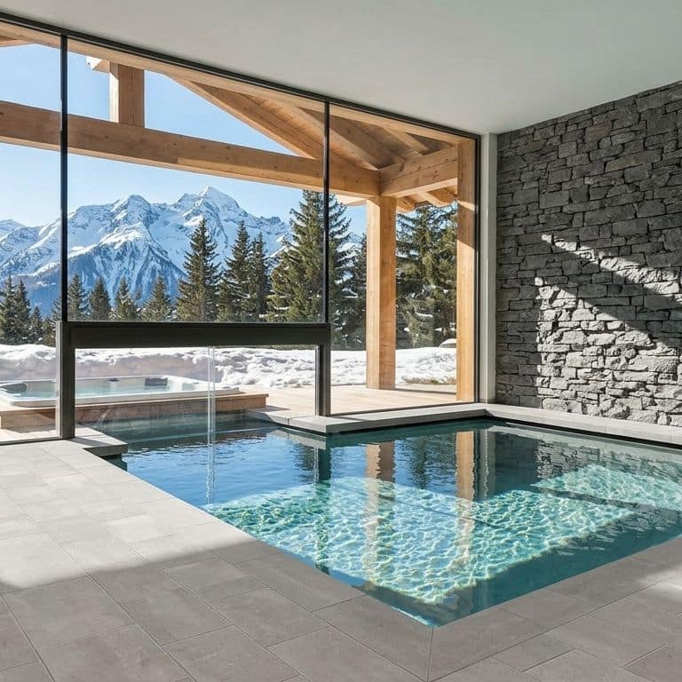 Application image for Northern Bay Limestone - Pavers. The image shows this product being used for pool coping, interior floor and pool deck pavers. The surface finish shown is acid washed. Dominant colors shown are gray and greige.