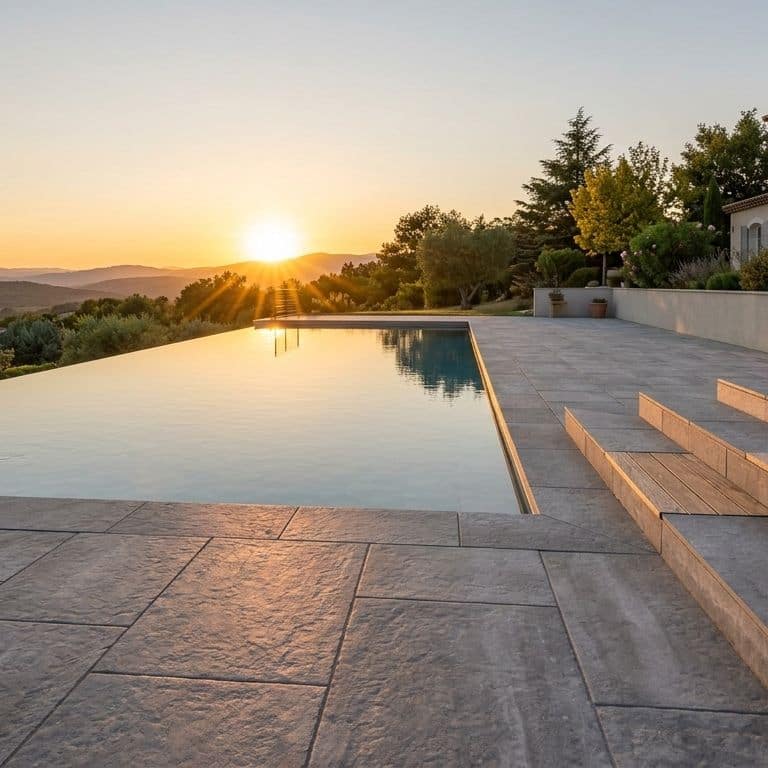 Application image for Northern Bay Limestone - Pavers. The image shows this product being used for pool coping, patio pavers and pool deck pavers. The surface finish shown is acid washed. Dominant colors shown are gray and greige. The color mix creates a warm feeling.