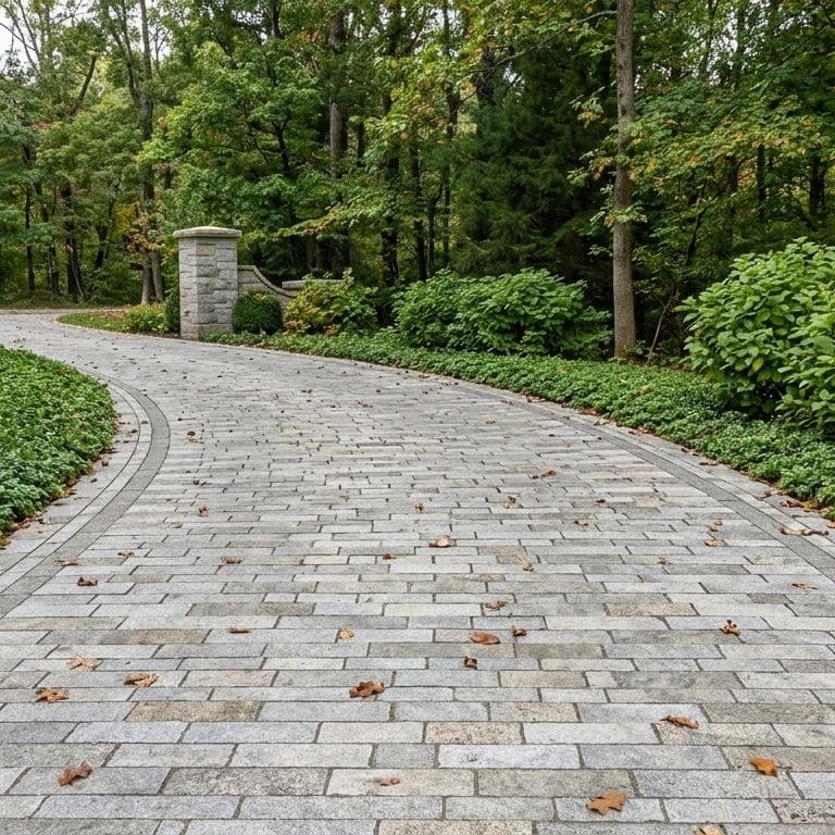 Application image for Heritage Plank Granite - Buff - Plank Pavers. The image shows this product being used in a driveway pavers application. The surface finish shown is split-face. Dominant colors shown are gray and greige. The color mix creates a warm feeling.