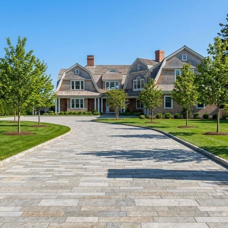 Application image for Heritage Plank Granite - Buff - Plank Pavers. The image shows this product being used for driveway pavers and driveway aprons. The surface finish shown is split-face. Dominant colors shown are gray and greige. The color mix creates a warm feeling.