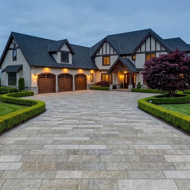 Application image for Heritage Plank Granite - Buff - Plank Pavers. The image shows this product being used in a driveway pavers application. The surface finish shown is split-face. Dominant colors shown are gray and greige. The color mix creates a warm feeling.