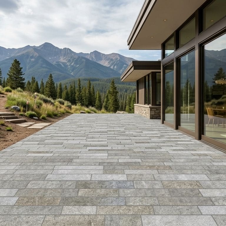 Application image for Heritage Plank Granite - Buff - Plank Pavers. The image shows this product being used in a patio pavers application. The surface finish shown is split-face. Dominant colors shown are gray and greige. The color mix creates a warm feeling.