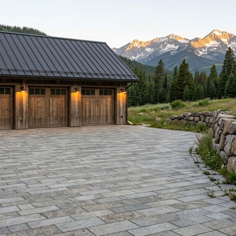 Application image for Heritage Plank Granite - Buff - Plank Pavers. The image shows this product being used in a driveway pavers application. The surface finish shown is split-face. Dominant colors shown are gray and greige. The color mix creates a warm feeling.