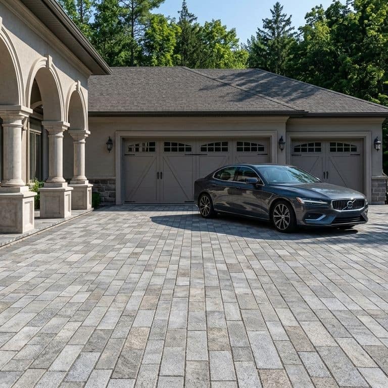 Application image for Heritage Plank Granite - Buff - Plank Pavers. The image shows this product being used in a driveway pavers application. The surface finish shown is split-face. Dominant colors shown are gray and greige. The color mix creates a cool feeling.