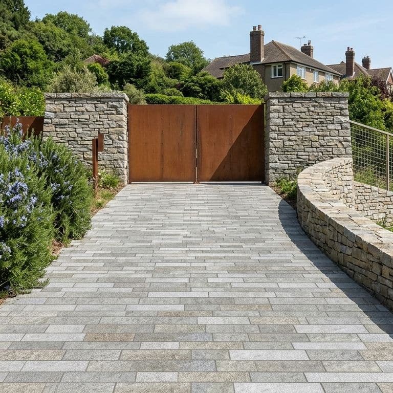 Application image for Heritage Plank Granite - Buff - Plank Pavers. The image shows this product being used in a driveway pavers application. The surface finish shown is split-face. Dominant colors shown are gray and greige. The color mix creates a warm feeling.