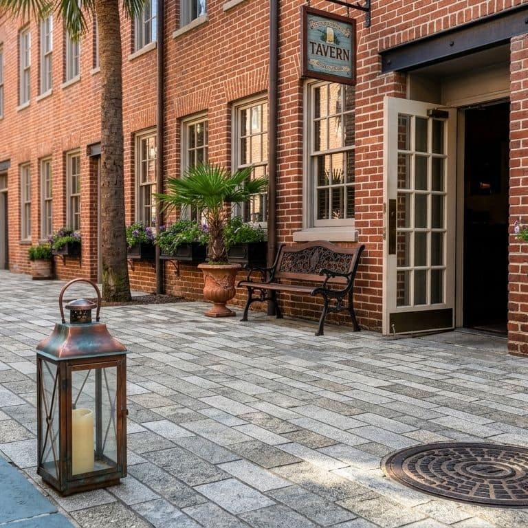 Application image for Heritage Plank Granite - Buff - Plank Pavers. The image shows this product being used for path pavers and public area. The surface finish shown is split-face. Dominant colors shown are gray and greige. The color mix creates a warm feeling.