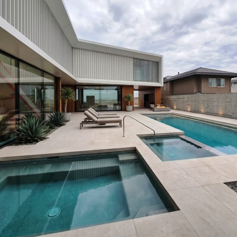 Application image for Moon Beige Limestone - Pool Deck. The image shows this product being used for pool coping and pool deck pavers. The surface finish shown is flamed. The dominant color shown is beige. The color mix creates a warm feeling.