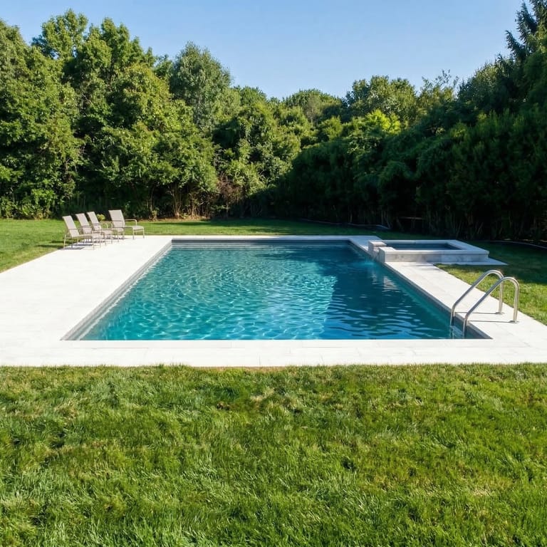 Application image for Moon Beige Limestone - Pool Deck. The image shows this product being used for pool coping, patio pavers and pool deck pavers. The surface finish shown is sand blasted. Dominant colors shown are beige and cream.