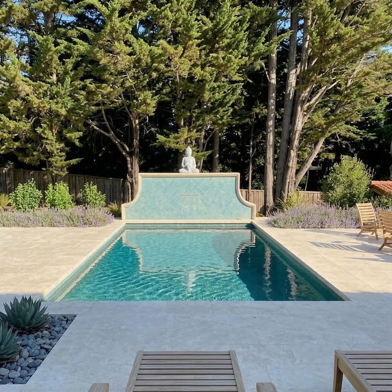 Application image for Moon Beige Limestone - Pool Deck. The image shows this product being used for pool coping, patio pavers and pool deck pavers. The surface finish shown is flamed. Dominant colors shown are beige and tan.