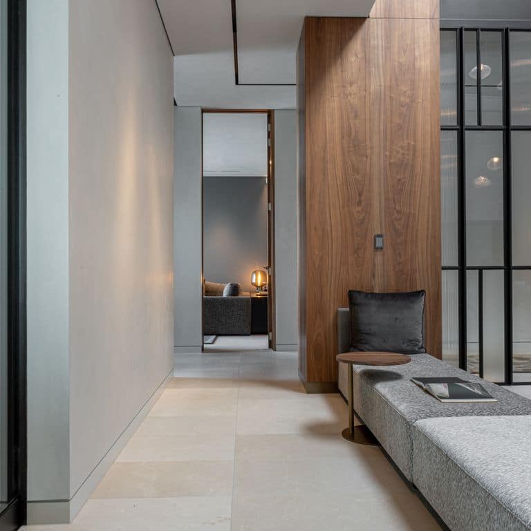 Application image for Moon Beige Limestone - Interior Floor. The image shows this product being used in an interior floor application. The surface finish shown is . Dominant colors shown are beige and tan. The color mix creates a warm feeling.