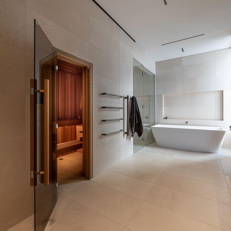 Application image for Moon Beige Limestone - Interior Floor. The image shows this product being used in an interior floor application. The surface finish shown is . Dominant colors shown are beige and tan. The color mix creates a warm feeling.