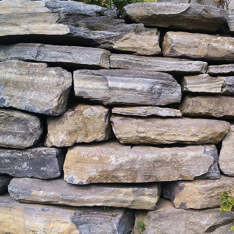 Close-up image for Mystic Mountain Natural - Wallstone. The surface finish shown is natural. Dominant colors shown are gray and tan; with beige, blue, brown, purple and white secondaries. Exhibits "movement". Speckled, fine speckled, blotched and linear color patterns.