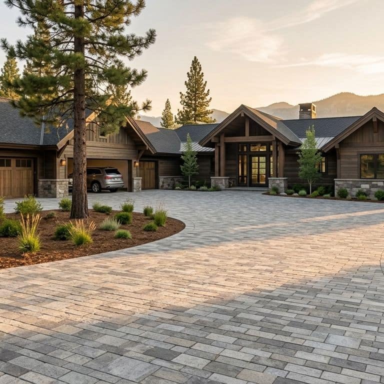 Feature image for Heritage Plank Granite - Full Color - Planks. The image shows this product being used in a driveway pavers application. The surface finish shown is split-face. Dominant colors shown are gray and greige. The color mix creates a warm feeling.