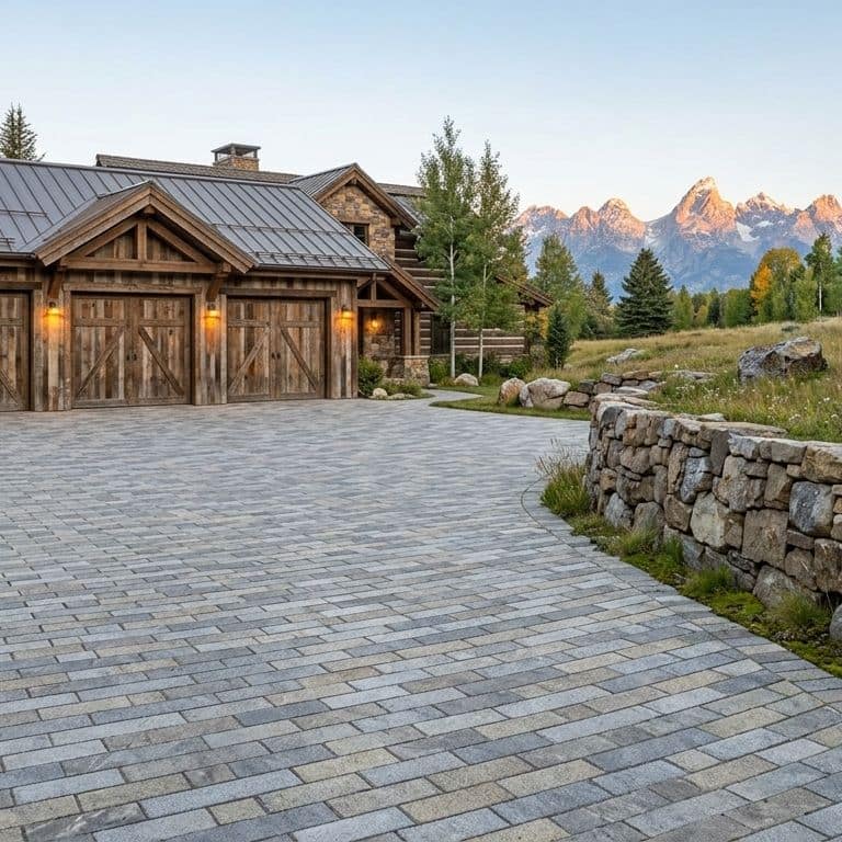 Application image for Heritage Plank Granite - Full Color - Planks. The image shows this product being used in a driveway pavers application. The surface finish shown is split-face. The dominant color shown is gray. The color mix creates a warm feeling.
