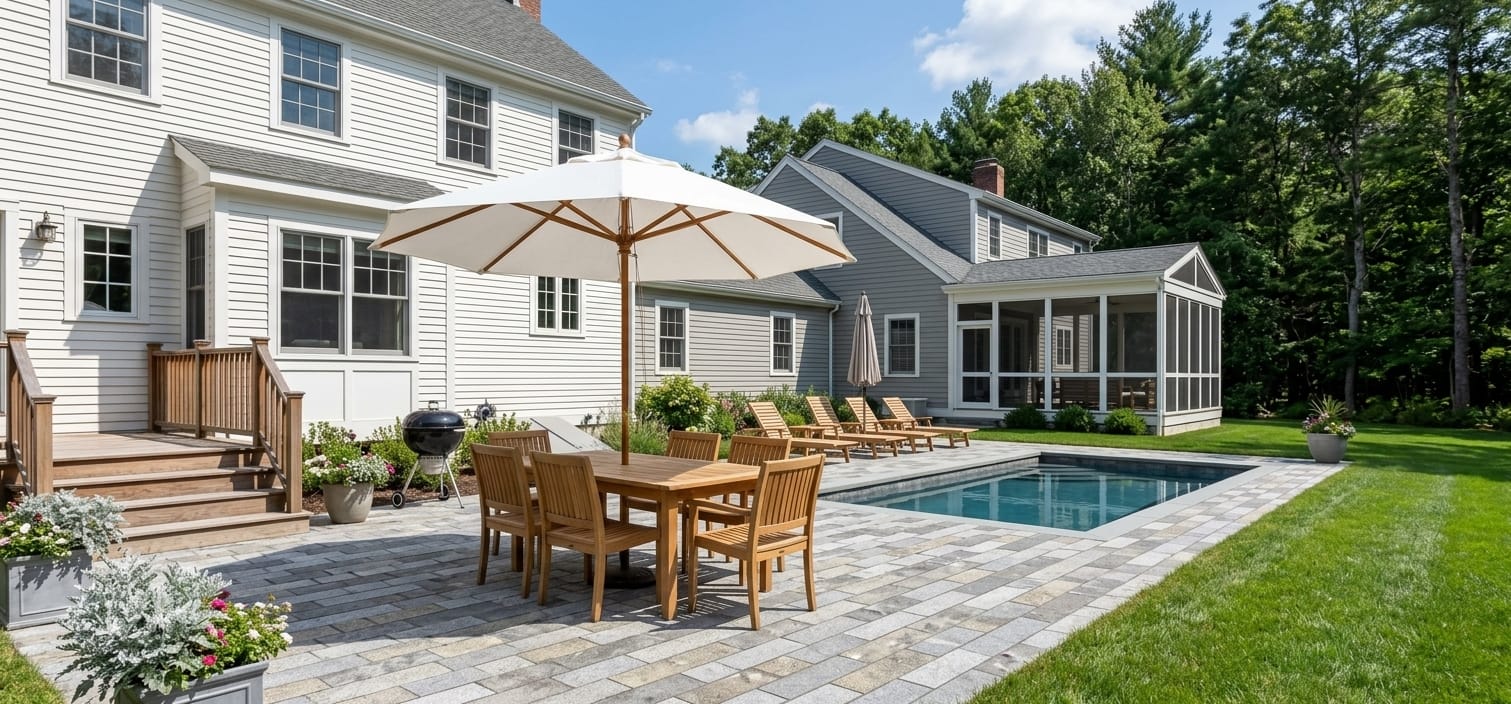 Application image for Heritage Plank Granite - Full Color - Planks. The image shows this product being used in a driveway pavers application. The surface finish shown is split-face. The dominant color shown is gray. The color mix creates a warm feeling.