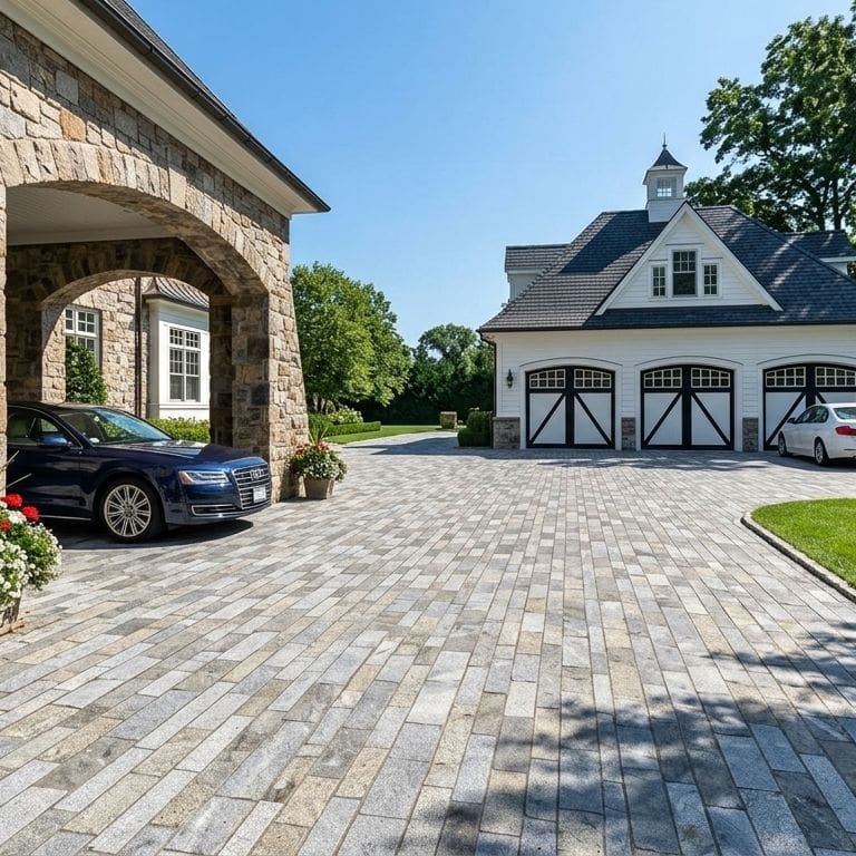 Application image for Heritage Plank Granite - Full Color - Planks. The image shows this product being used in a driveway pavers application. The surface finish shown is split-face. The dominant color shown is gray.