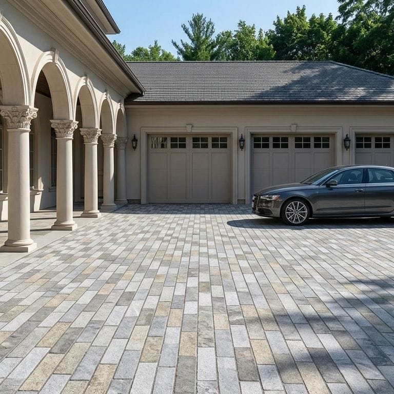 Application image for Heritage Plank Granite - Full Color - Planks. The image shows this product being used in a driveway pavers application. The surface finish shown is split-face. Dominant colors shown are gray and greige. The color mix creates a cool feeling.