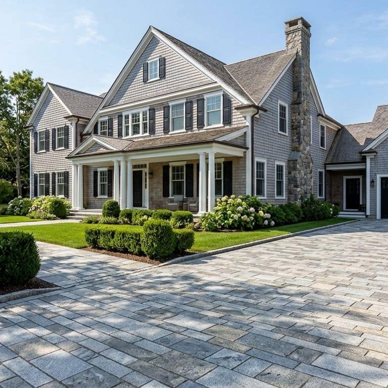 Application image for Heritage Plank Granite - Full Color - Planks. The image shows this product being used in a driveway pavers application. The surface finish shown is split-face. The dominant color shown is gray.