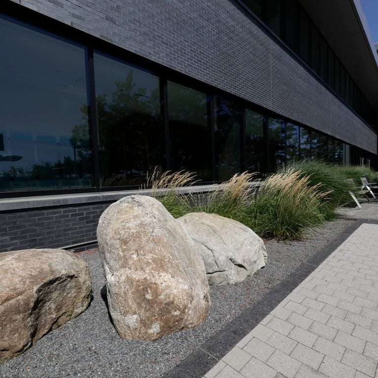 Application image for New England Fieldstone - Boulders. The image shows this product being used in a landscape boulders &amp; ledge application. The surface finish shown is weathered. The dominant color shown is gray. The color mix creates a cool feeling.