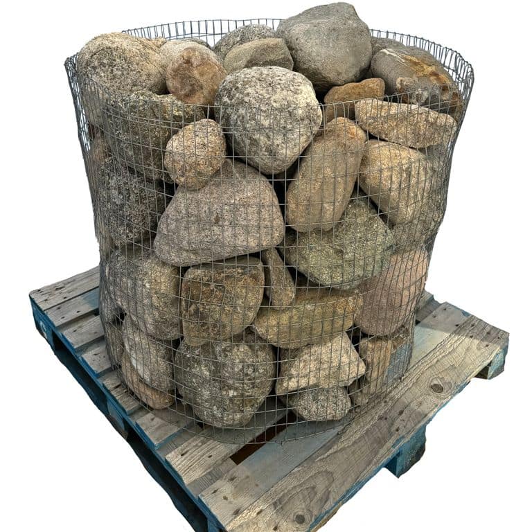 Oblique image for New England Fieldstone Rounds - Wallstone. Dominant colors shown are brown, gray and tan. The color mix creates a warm feeling.