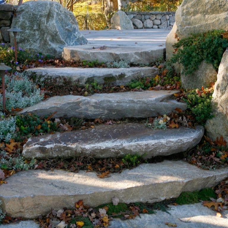 Close-up image for New England Fieldstone Steppers and Steps. The surface finishes shown are natural cleft and weathered. The dominant color shown is gray; with orange/rust, purple, white and tan secondaries. Exhibits "movement". Regular, blotched, veined and streaked color patterns.