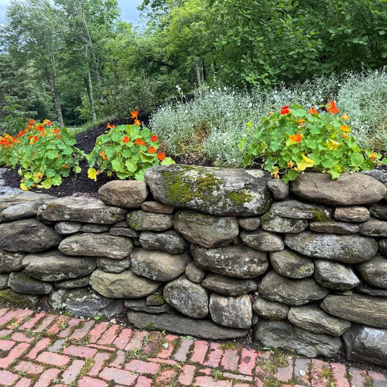 Feature image for New England Fieldstone - Wallstone Run Mix. The image shows this product being used in a landscape wallstone application. The surface finish shown is weathered. The dominant color shown is gray.