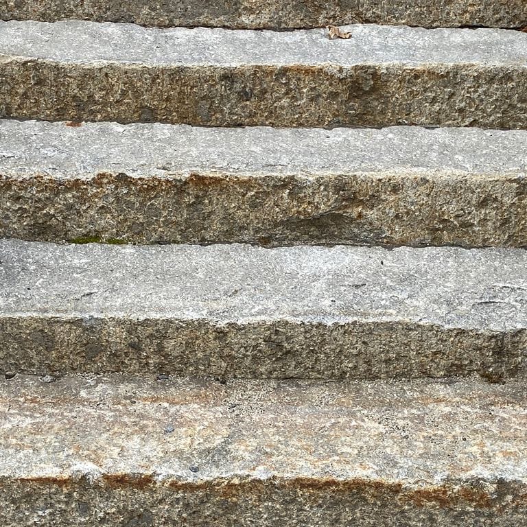 Close-up image for Reclaimed First Generation Granite Curbstone Steps - Textured Riser and Tread. The surface finishes shown are weathered and worn. The dominant color shown is gray; with beige, brown, green, orange/rust, purple, white, tan and cream secondaries. Exhibits "movement" and the color mix creates a warm feeling. Speckled, coarse speckled and blotched color patterns.