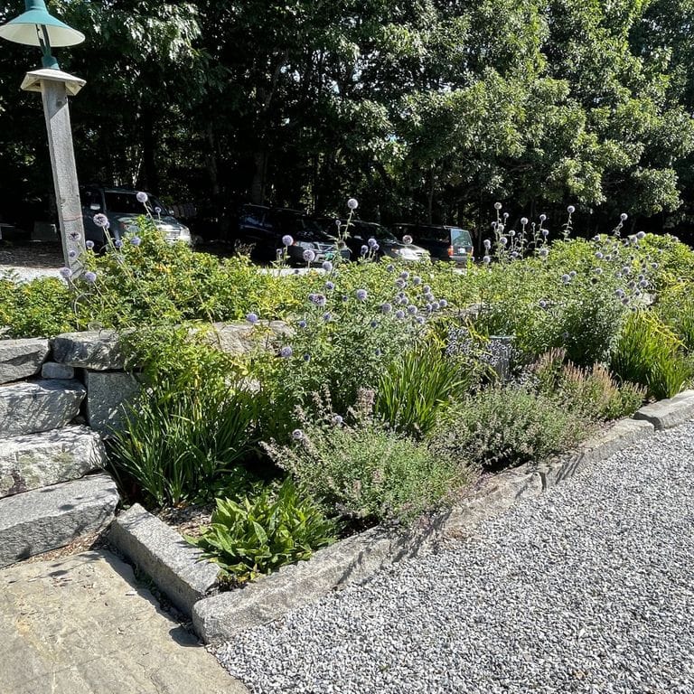 Application image for Reclaimed First Generation Granite Curbstone - Edging. The image shows this product being used in a landscape curbing &amp; edging application. The surface finish shown is a combination of weathered and worn. The dominant color shown is gray.