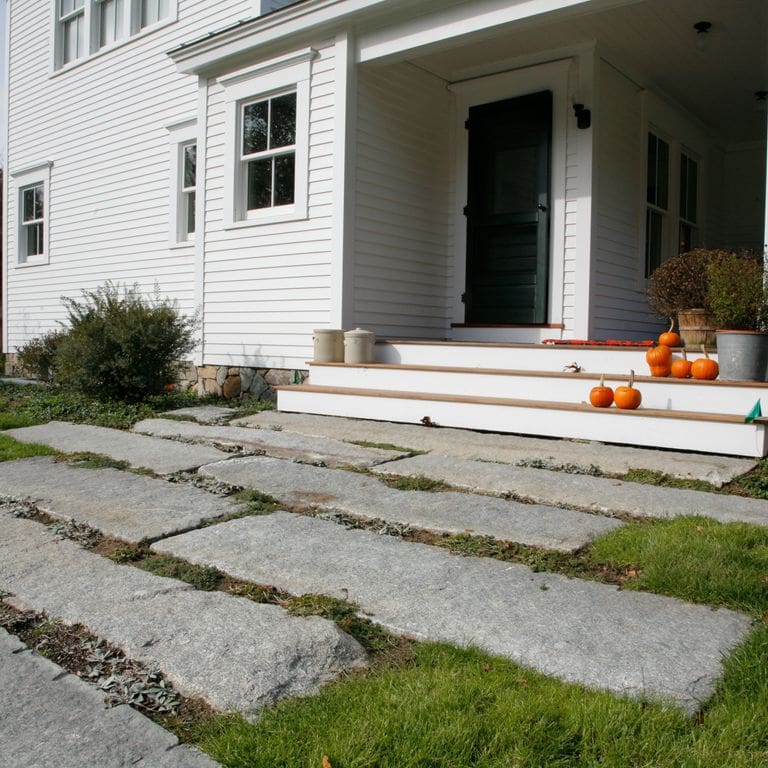 Feature image for Reclaimed Granite Foundation Stone - Pavers. The image shows this product being used in a path pavers application. The surface finish shown is . The dominant color shown is gray; with brown, green, purple and white secondaries. Speckled color pattern.