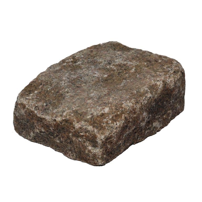 Oblique image for Reclaimed Swedish Granite Cobblestones - Worn Surface. The surface finish shown is . Dominant colors shown are brown and tan. The color mix creates a warm feeling.