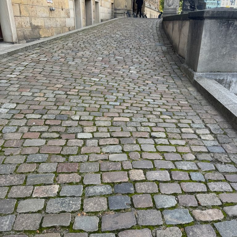 Feature image for Reclaimed Swedish Granite Cobblestones - Worn Surface. The image shows this product being used for path pavers and public area. The surface finish shown is . The dominant color shown is gray. The color mix creates a warm feeling.